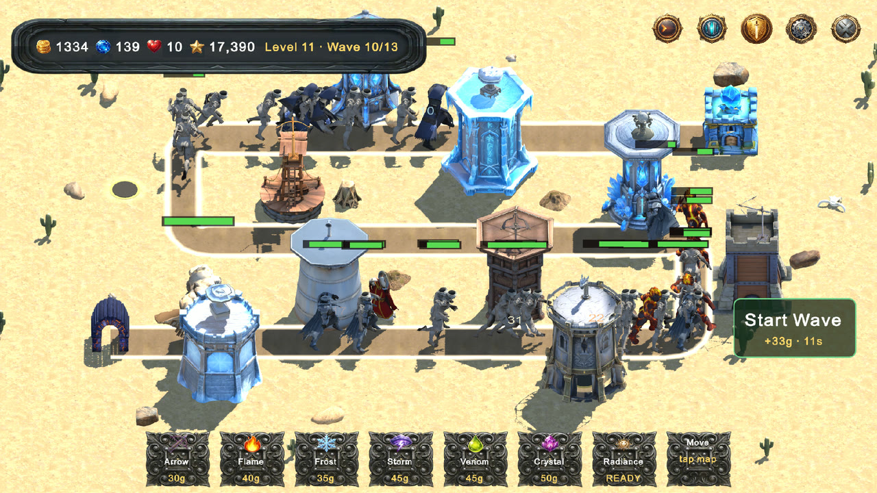 Overhead view of the Scorched Desert board: a serpentine stone lane, build pads and a wave of skeletons and orcs