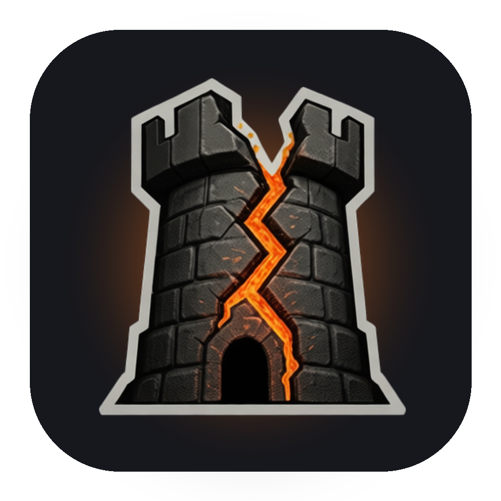 Mythfell logo: a cracked stone tower split by a seam of molten lava